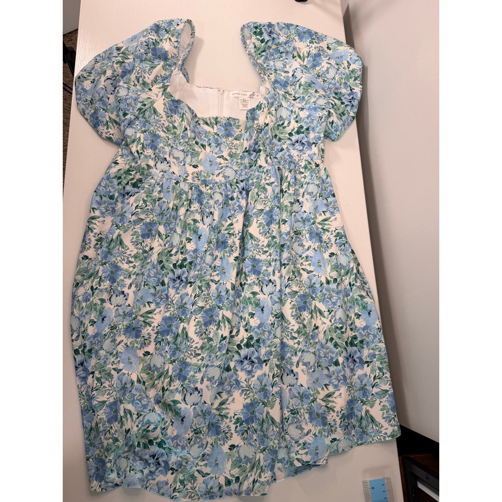 Altar'd State Blue Floral Puff Sleeve Babydoll Dress Women XL Square Neck Mini